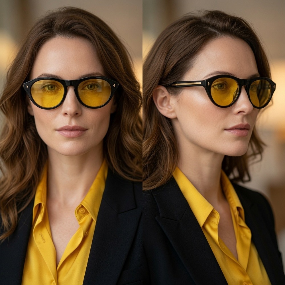 Women Cateye Retro Black Round Sunglasses Yellow Tinted Lens Luxury Trendy 2026